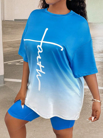 Letter Graphic Drop Shoulder Tee & Biker Shorts