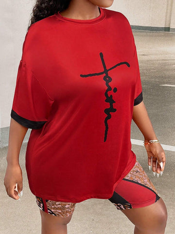 Letter Graphic Drop Shoulder Tee & Patchwork Print Biker Shorts