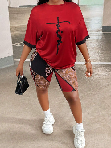 Letter Graphic Drop Shoulder Tee & Patchwork Print Biker Shorts