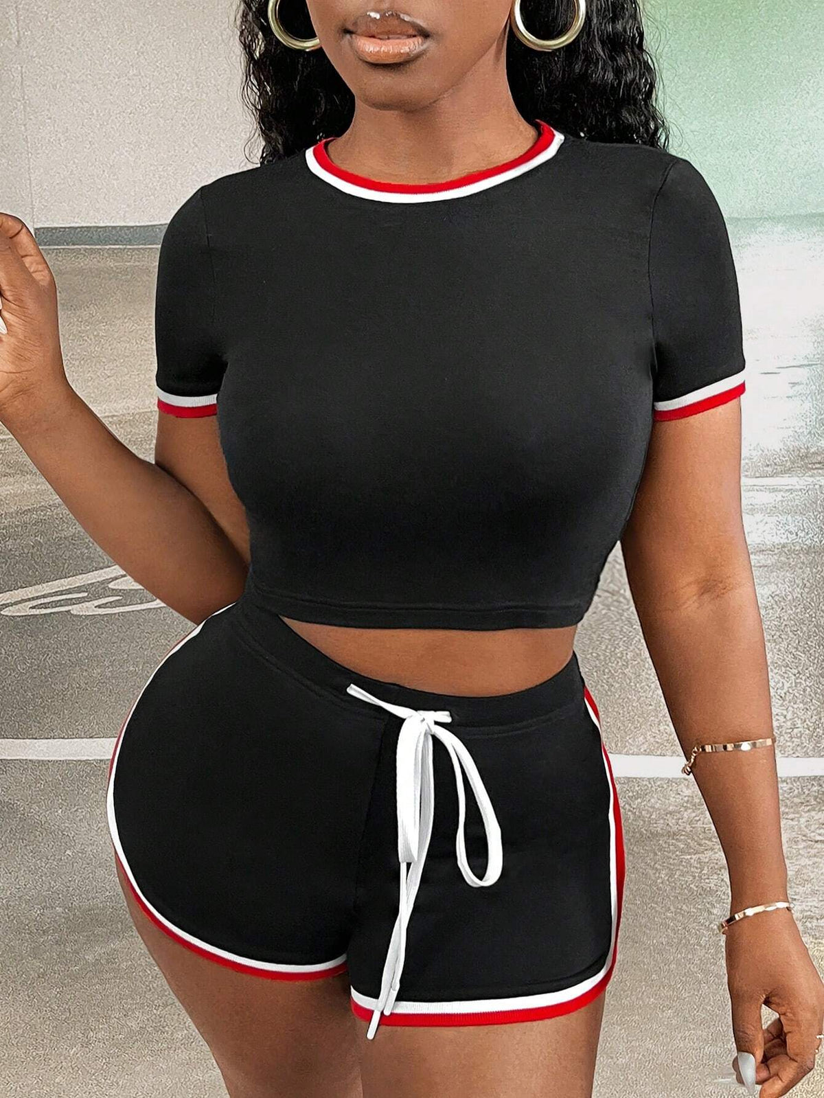 Contrast Binding Crop Tee & Drawstring Waist Shorts