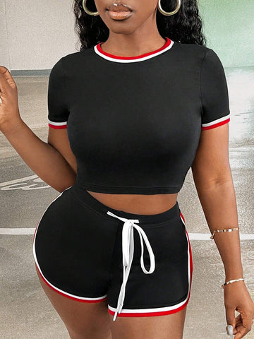 Contrast Binding Crop Tee & Drawstring Waist Shorts