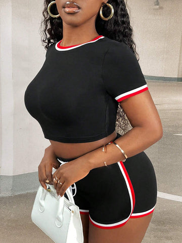 Contrast Binding Crop Tee & Drawstring Waist Shorts