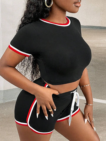Contrast Binding Crop Tee & Drawstring Waist Shorts