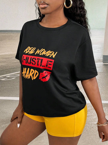 Lip & Slogan Graphic Drop Shoulder Tee & Biker Shorts