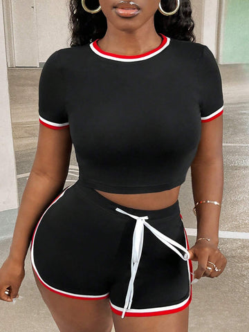 Contrast Binding Crop Tee & Drawstring Waist Shorts