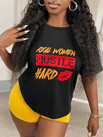Lip & Slogan Graphic Drop Shoulder Tee & Biker Shorts