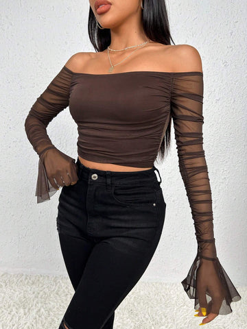 Off Shoulder Contrast Mesh Flare Sleeve Ruched Side Crop Tee