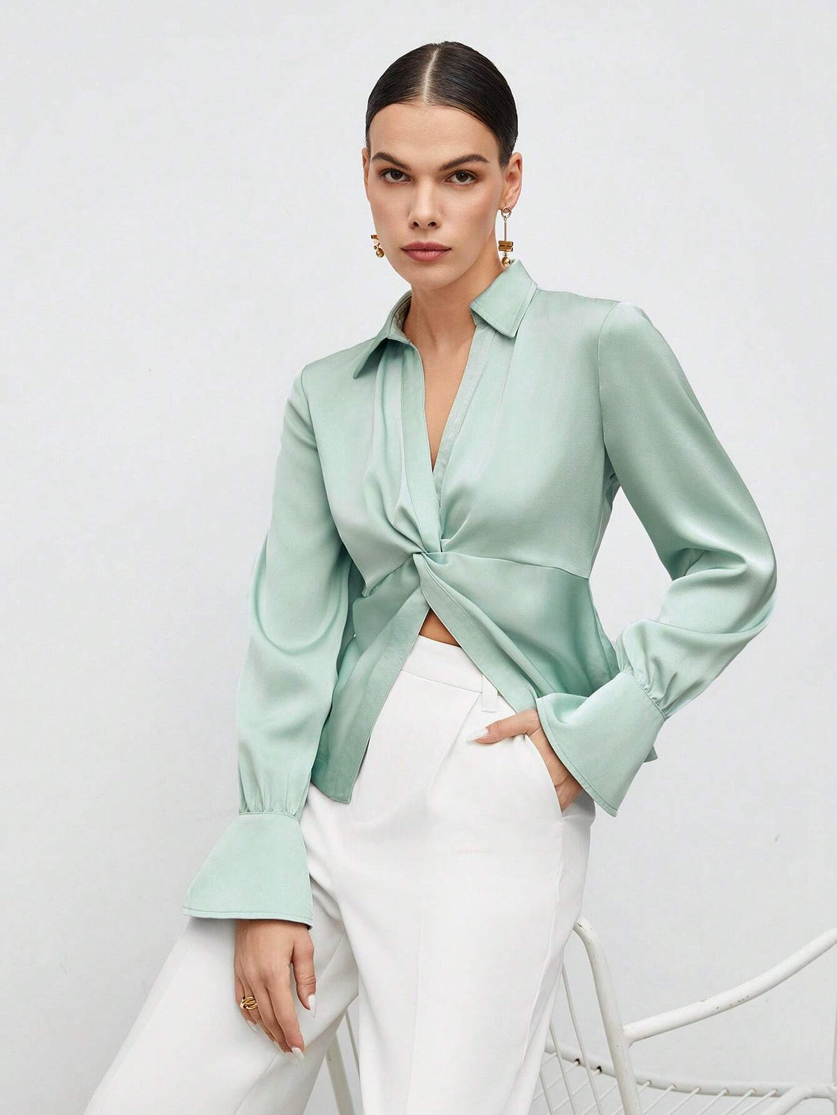 Twist Front Flounce Sleeve Satin Blouse