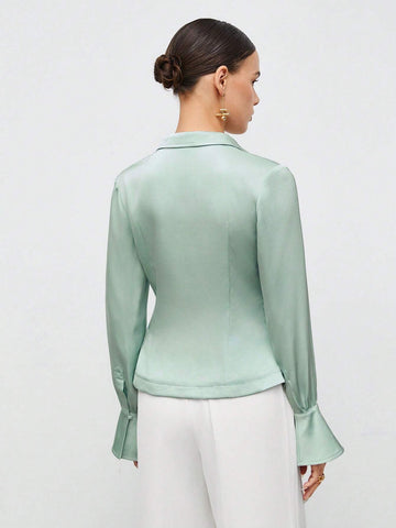 Twist Front Flounce Sleeve Satin Blouse