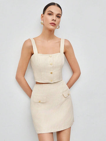 Button Front Cami Top & Flap Detail Skirt