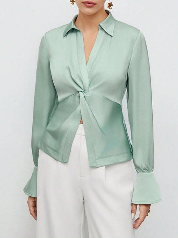 Twist Front Flounce Sleeve Satin Blouse