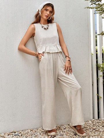 Solid Ruffle Hem Tank Top & Wide Leg Pants