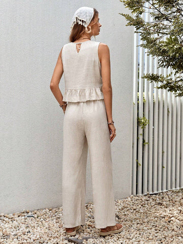 Solid Ruffle Hem Tank Top & Wide Leg Pants