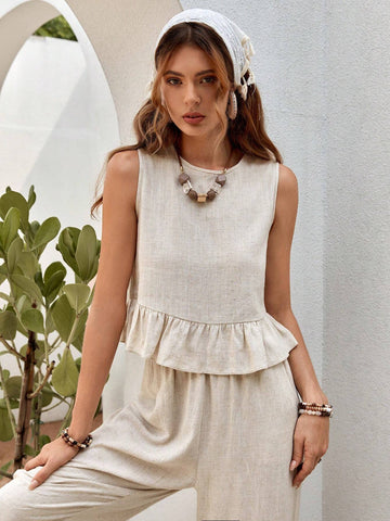 Solid Ruffle Hem Tank Top & Wide Leg Pants