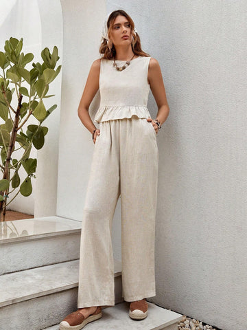 Solid Ruffle Hem Tank Top & Wide Leg Pants