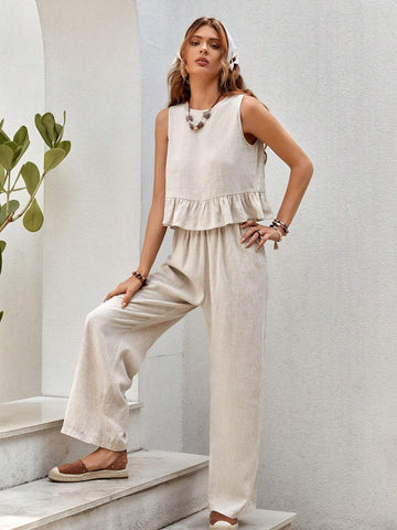 Solid Ruffle Hem Tank Top & Wide Leg Pants