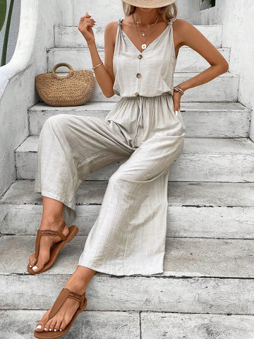 Button Front Wide Leg Jumpsuit