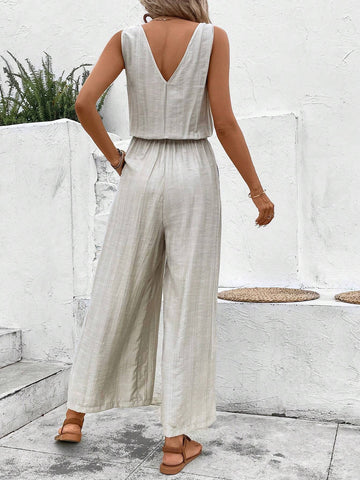 Button Front Wide Leg Jumpsuit