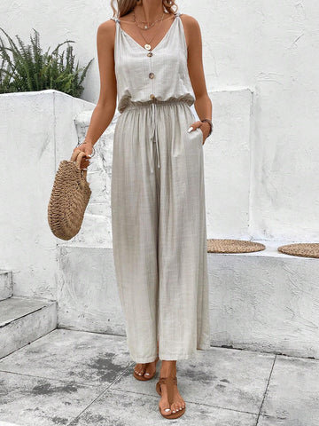 Button Front Wide Leg Jumpsuit