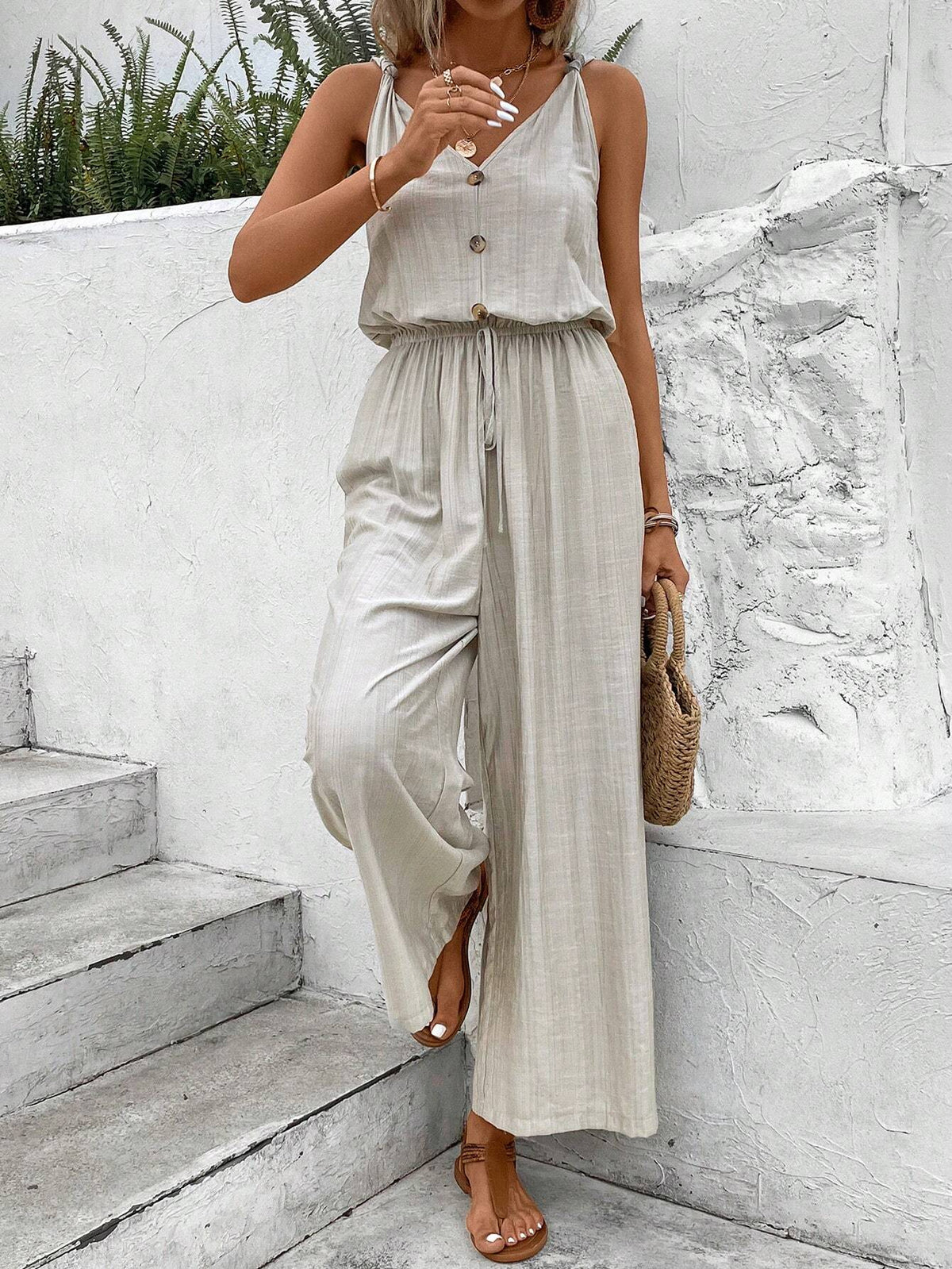 Button Front Wide Leg Jumpsuit