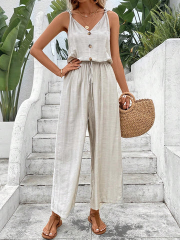 Button Front Wide Leg Jumpsuit