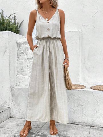 Button Front Wide Leg Jumpsuit