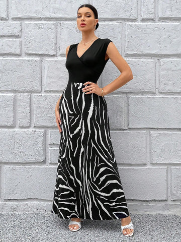 Zebra Striped Print V Neck Dress