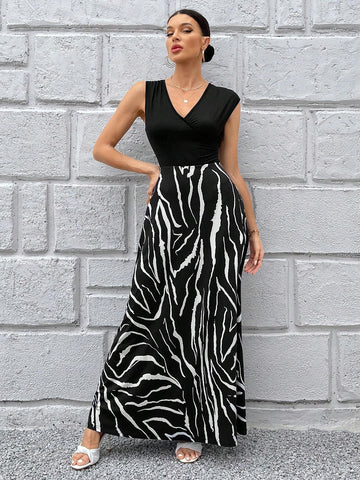 Zebra Striped Print V Neck Dress