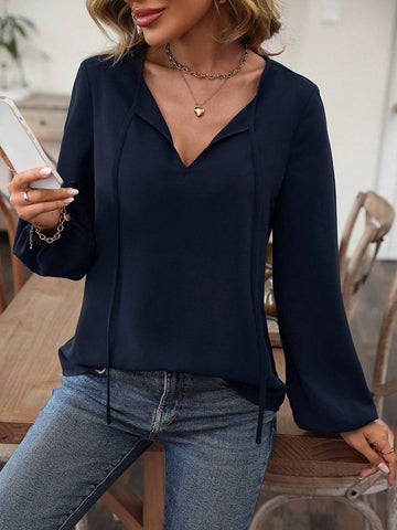 Tie Neck Lantern Sleeve Blouse