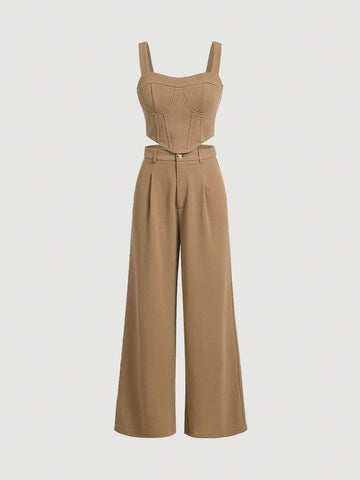 Solid Cami Top & Wide Leg Pants Without Blouse