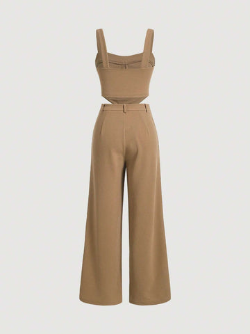 Solid Cami Top & Wide Leg Pants Without Blouse