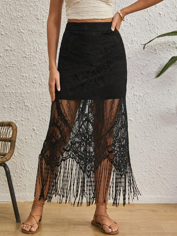 VCAY Fringe Hem Lace Overlay Skirt