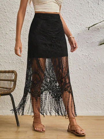 VCAY Fringe Hem Lace Overlay Skirt