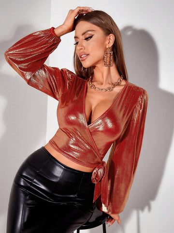 Lantern Sleeve Knot Side Crop Blouse