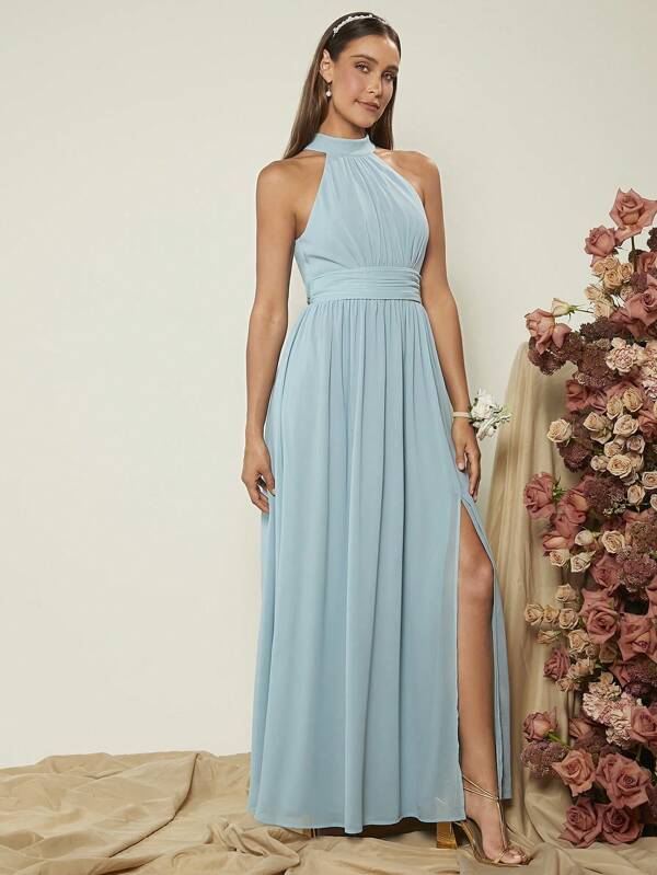 Belle Solid Split Thigh Halter Neck Bridesmaid Dress