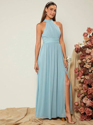 Belle Solid Split Thigh Halter Neck Bridesmaid Dress