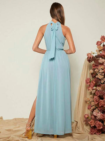 Belle Solid Split Thigh Halter Neck Bridesmaid Dress
