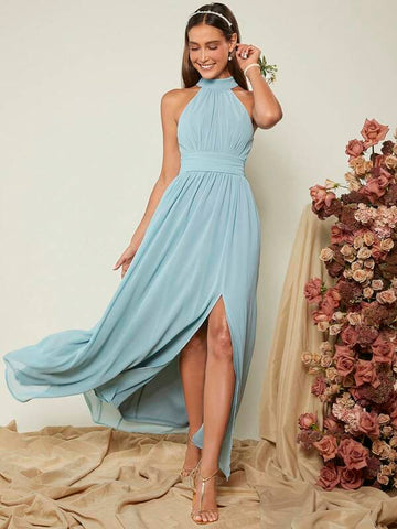 Belle Solid Split Thigh Halter Neck Bridesmaid Dress