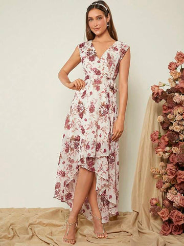 Belle Allover Floral Print Asymmetrical Hem Wrap Knot Side Dress