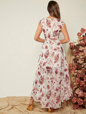 Belle Allover Floral Print Asymmetrical Hem Wrap Knot Side Dress