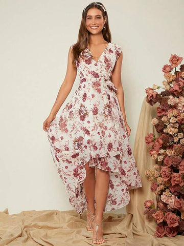 Belle Allover Floral Print Asymmetrical Hem Wrap Knot Side Dress