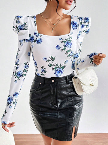 Floral Print Square Neck Gigot Sleeve Tee