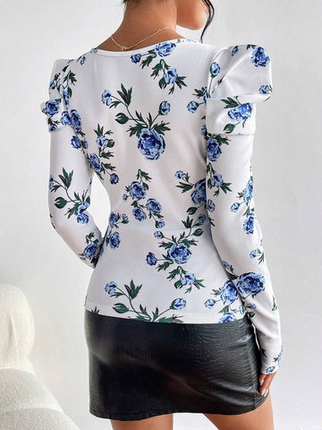 Floral Print Square Neck Gigot Sleeve Tee