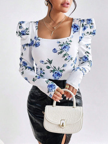 Floral Print Square Neck Gigot Sleeve Tee
