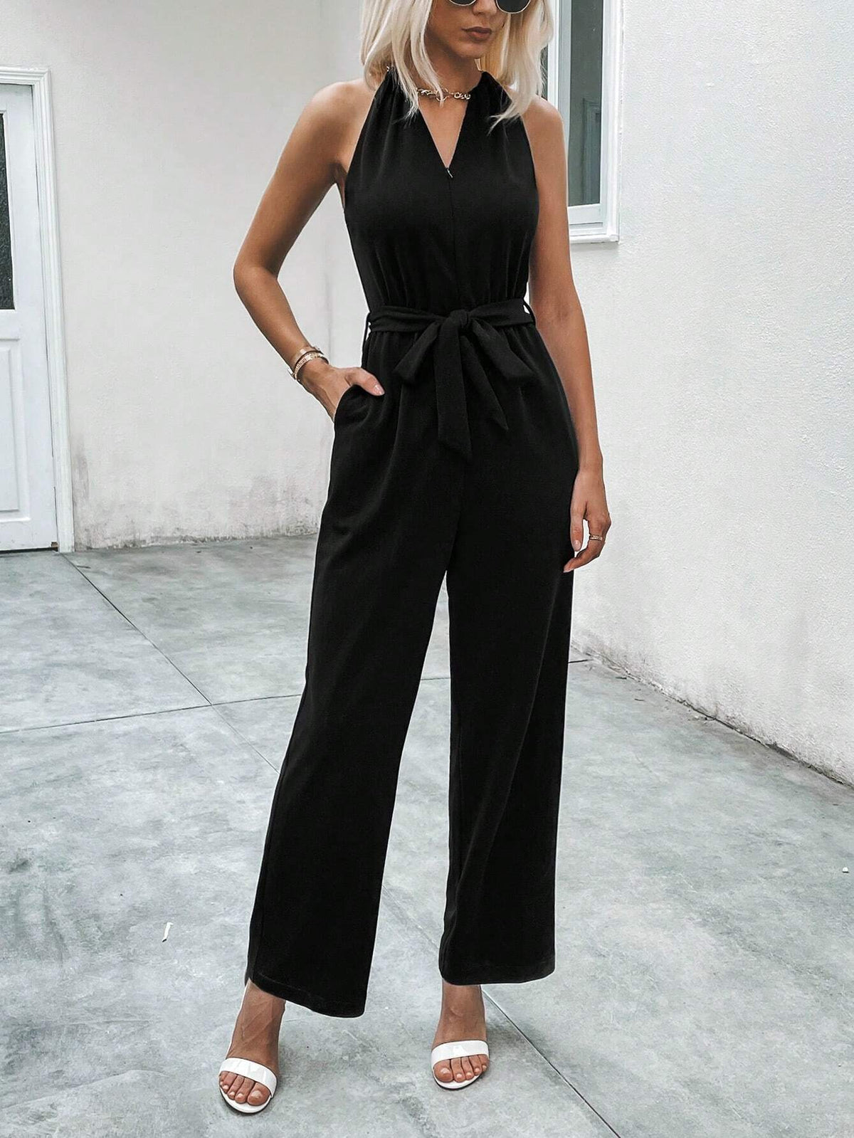 Solid Belted Zip Front Jumpsuit