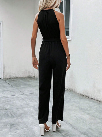 Solid Belted Zip Front Jumpsuit