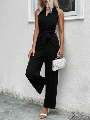 Solid Belted Zip Front Jumpsuit