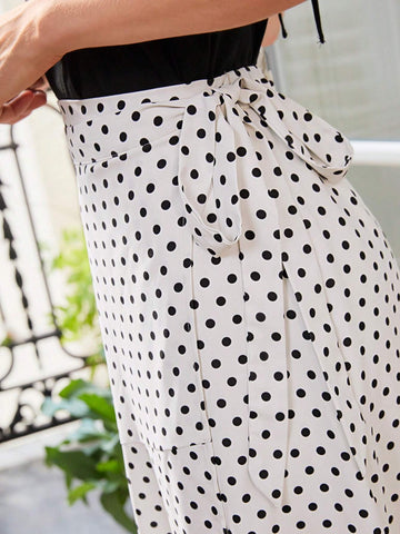 Frenchy Polka Dot Print High Waist Knot Side Skirt