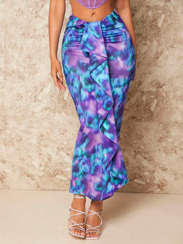 BAE Tie Dye Ruched Ruffle Trim Mermaid Hem Skirt