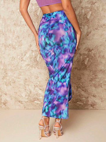 BAE Tie Dye Ruched Ruffle Trim Mermaid Hem Skirt